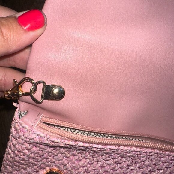 Bamboo Woven Pink Rectangle Fold Over Crossbody Bag - Picture 7 of 13